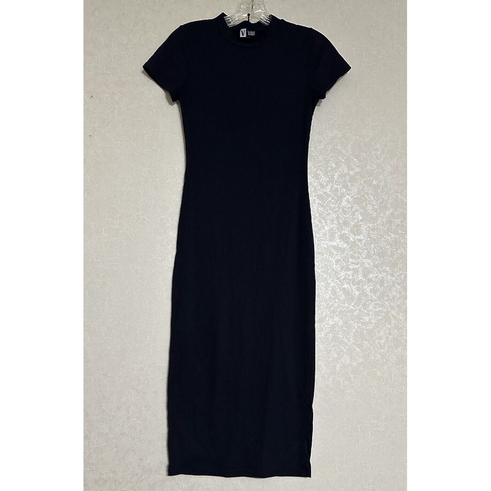 Vibe Sportswear Navy Blue Ribbed Knit Bodycon Midi‎ Dress Short Sleeve Juniors M